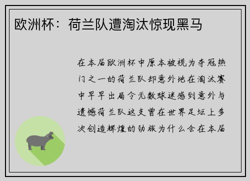 欧洲杯：荷兰队遭淘汰惊现黑马